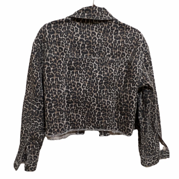 Free People Frayed Hem Leopard‎ Denim Jacket Women Sz Medium Oversized - Picture 7 of 11